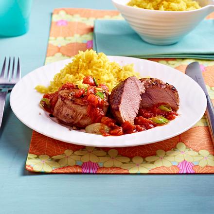 Schweinefilet mit Curryreis und Tomatensoße Rezept Schweinefilet mit Curryreis und Tomatensoße Rezept