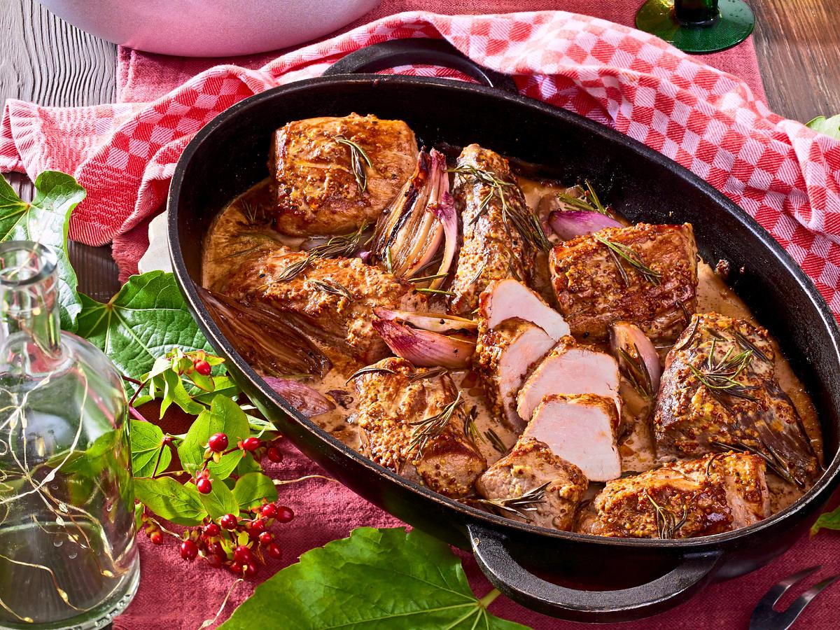 Schweinelendchen mit Rieslingsenf bestrichen Rezept