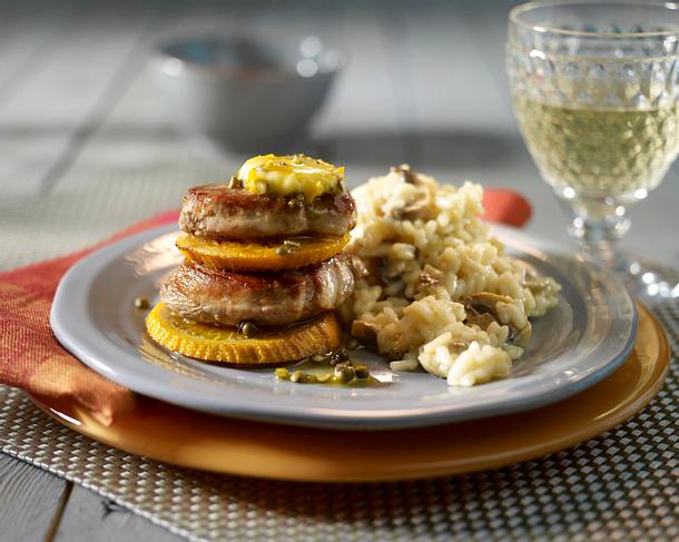 Schweinemedaillons mit Orangen-Butter und Pilzrisotto Rezept Schweinemedaillons mit Orangen-Butter und Pilzrisotto Rezept