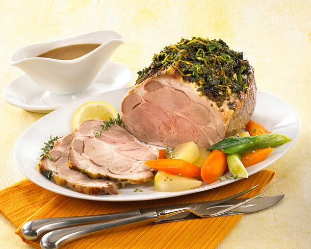 Schweinenackenbraten mit Frühlingsgemüse Rezept Schweinenackenbraten mit Frühlingsgemüse Rezept