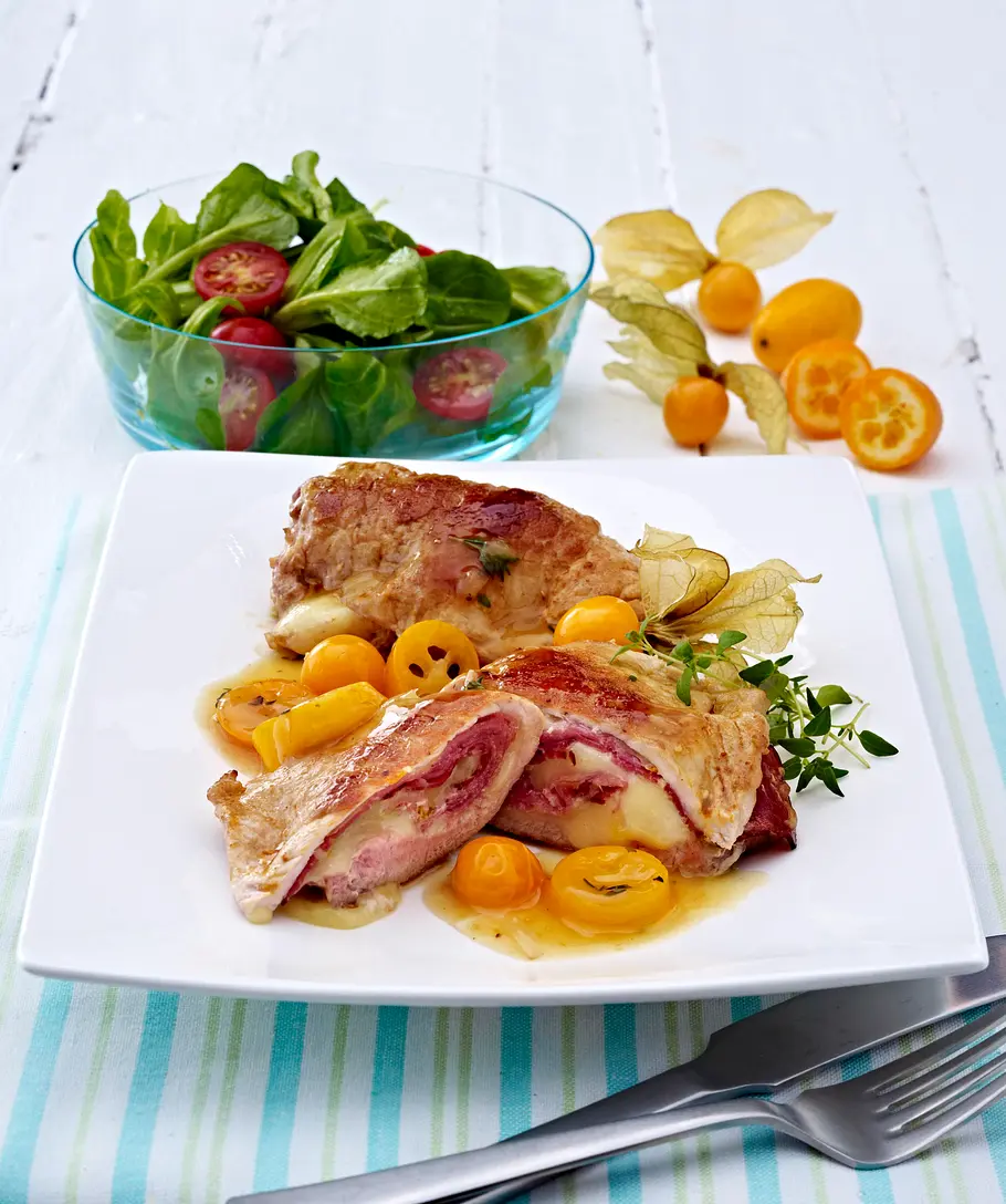Schweineschnitzel a la Cordon bleu mit Physalis-Kumquat-Soße Rezept