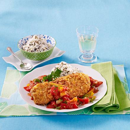 Schweineschnitzel mit Wildreis und buntem Paprikagemüse Rezept Schweineschnitzel mit Wildreis und buntem Paprikagemüse Rezept