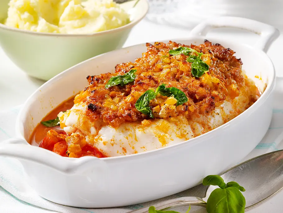 Gratinierter Kabeljau (Seelachs mit Zwiebel-Pesto-Haube) Rezept Seelachs mit Zwiebel-Pesto-Haube Rezept