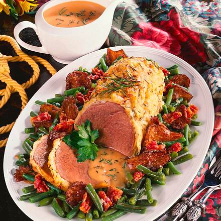Semerolle mit Kartoffelkruste und Bohnen-Pilzgemüs Rezept