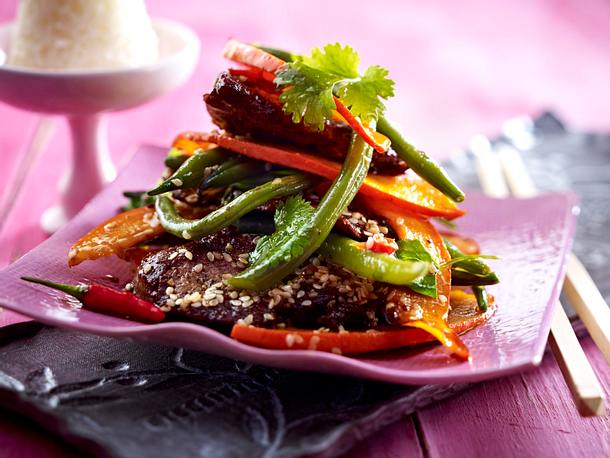 Sesam-Chili-Rinderfilet mit Bohnen und Kürbis Rezept
