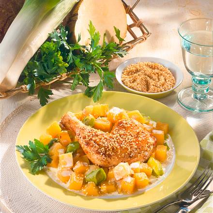 Sesam-Keulen auf Steckrüben Rezept