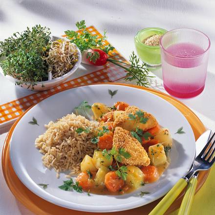 Sesam-Tofu-Ecken auf Frühlingsgemüse Rezept Sesam-Tofu-Ecken auf Frühlingsgemüse Rezept