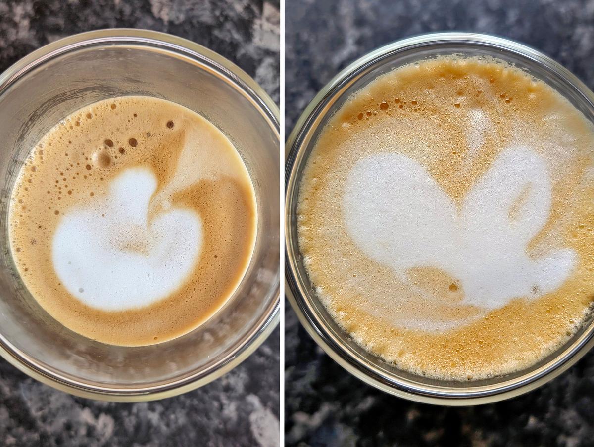 Latte-Art-Versuche im Redaktionstest des Milchaufschäumers Spuma 700 Plus von Severin