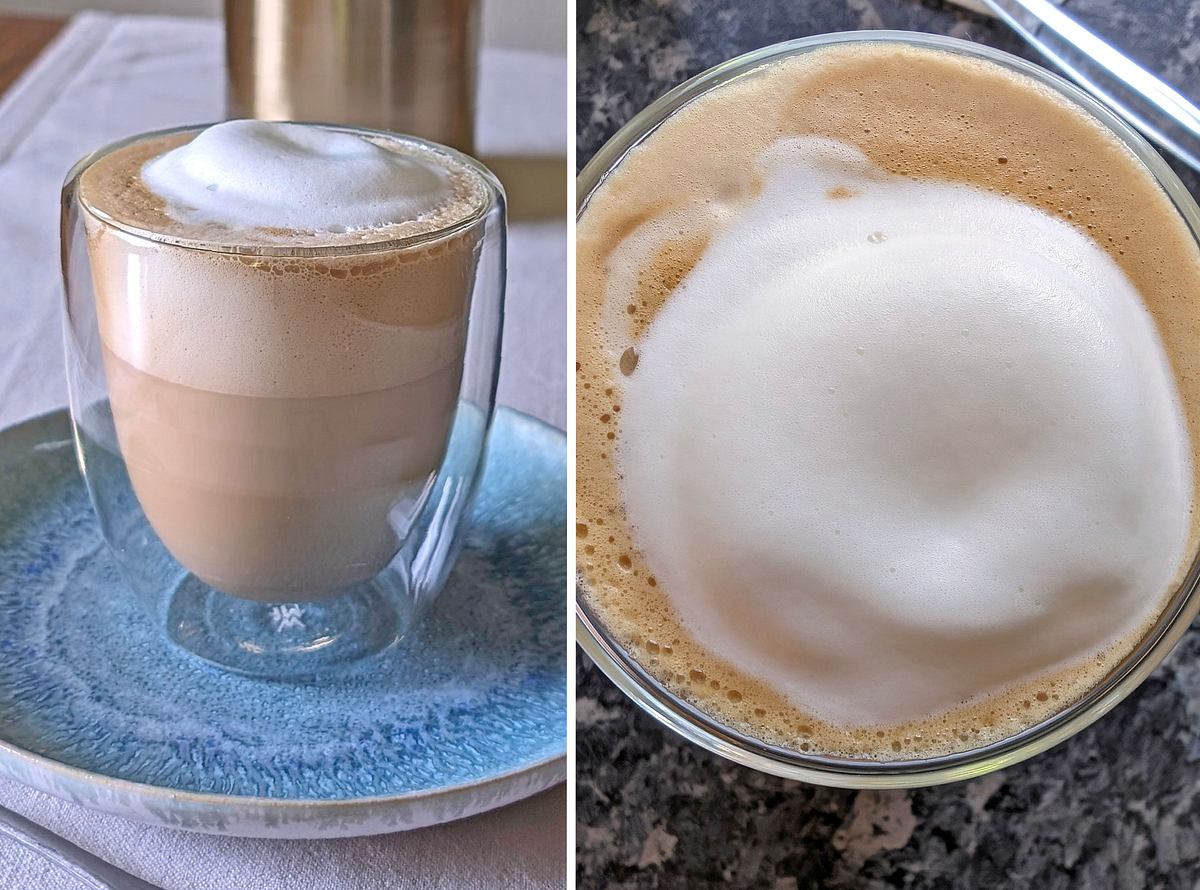 Ein Glas Cappuccino von der Seite und von oben, mit Schaum aus dem Severin Spuma 700 Plus