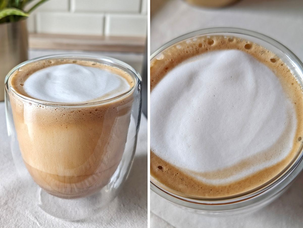 Blick von der Seite und von oben: Ein Glas Cappuccino mit Cashew-Milchschaum aus dem Spuma 700 Plus