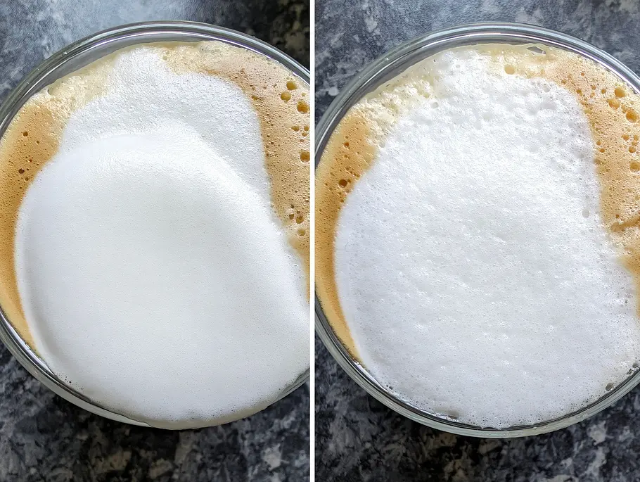 Kalter Milchschaum aus dem Severin Spuma 700 Plus Kalter Milchschaum direkt nach der Zubereitung und bei Beginn des Zerfalls