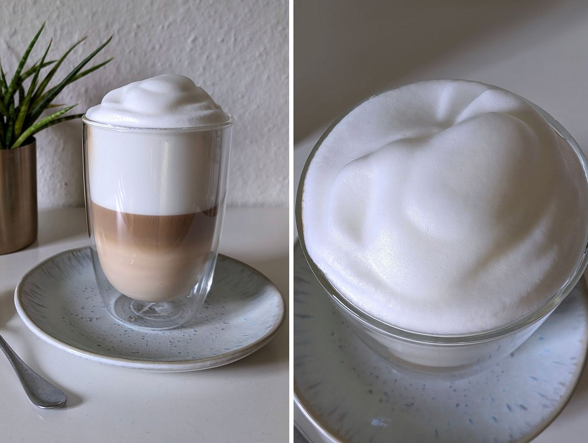 Links ein Bild von einem Glas Latte Macchiato, daneben ein Detailfoto der Milchschaumhaube
