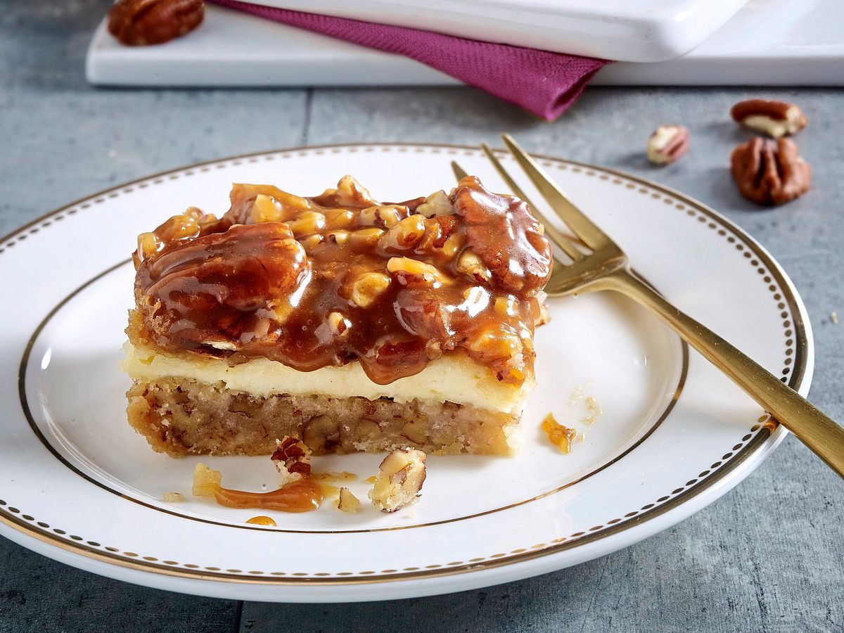 Shortbread-Käsekuchen mit Pekannuss-Karamell Rezept