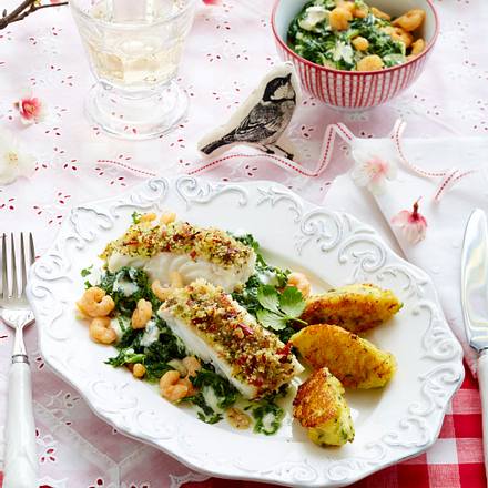 Skrei auf Rahmspinat zu Kartoffel-Kräuter-Nockerln Rezept Skrei auf Rahmspinat zu Kartoffel-Kräuter-Nockerln Rezept