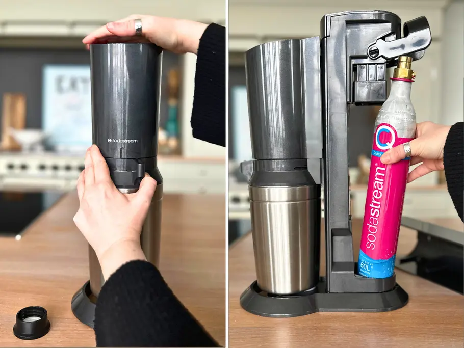 Links: Zwei Hände verschließen die Kapsel-Hülle vom SodaStream Crystal 3.0; rechts: der CO2-Zylinder wird hinten in die Geräteklappe gesetzt 