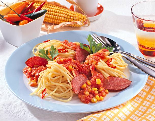 Spaghetti mit Barbecue-Soße Rezept Spaghetti mit Barbecue-Soße Rezept