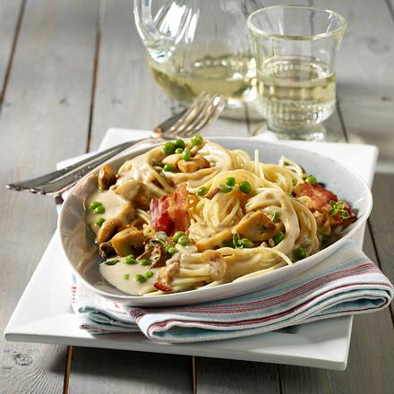 Spaghetti mit Champignon-Steinpilz-Rahm, Erbsen und Frühstücksspeck Rezept