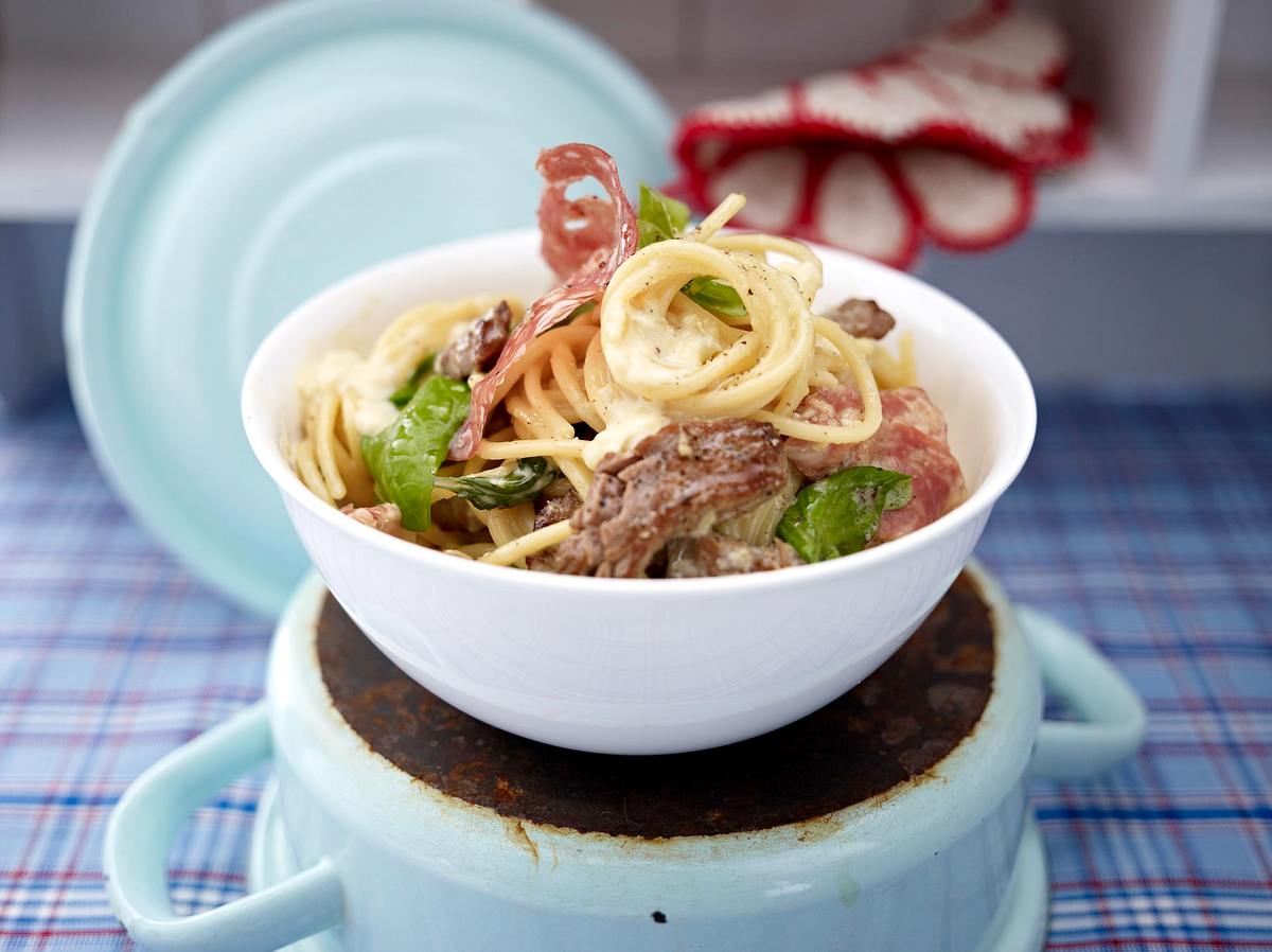 Spaghetti mit Rinderfiletspitzen und Fenchelsalami Rezept