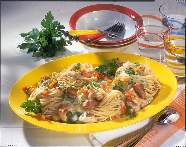 Spaghettinester mit Puten-Weißwein-Rahmgeschnetzeltem Rezept Spaghettinester mit Puten-Weißwein-Rahmgeschnetzeltem Rezept