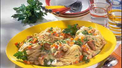 Spaghettinester mit Puten-Weißwein-Rahmgeschnetzeltem Rezept - Foto: LECKER @ Bauer Media Group