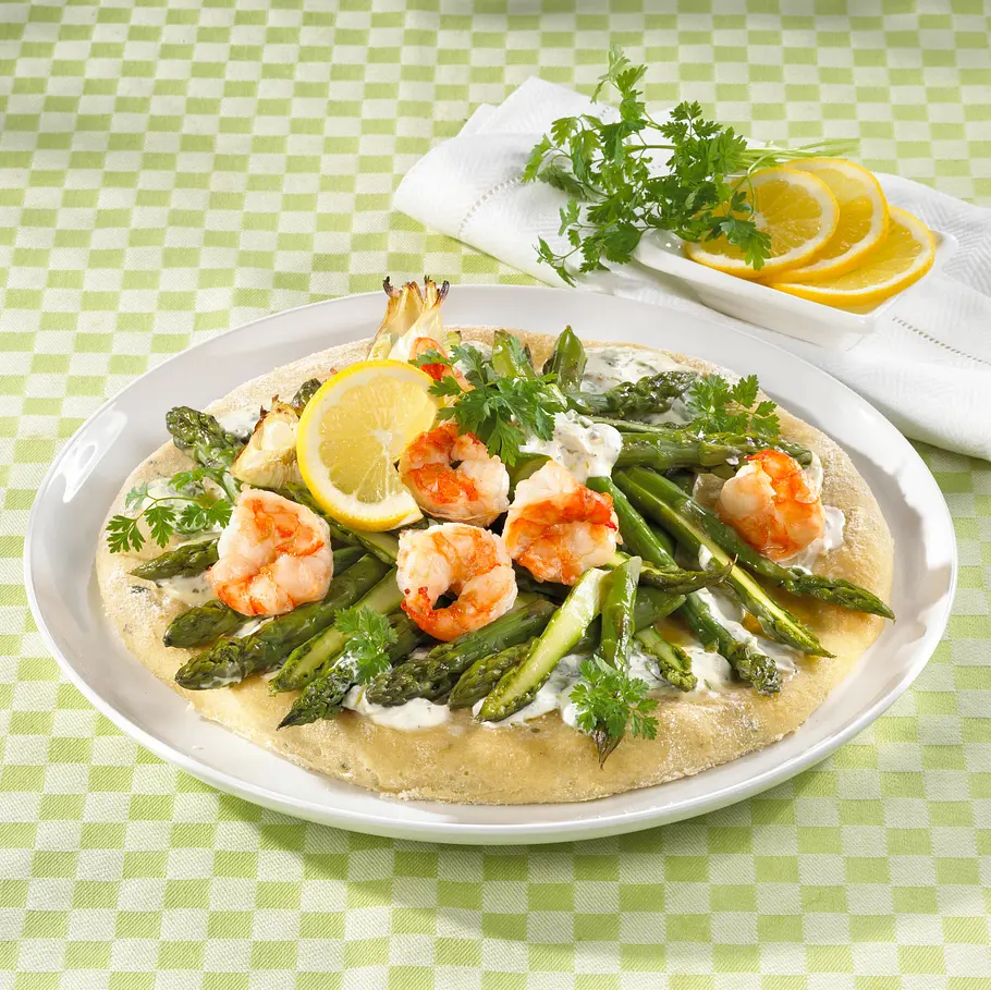 Spargel Pizza mit Garnelen Rezept Spargel Pizza mit Garnelen Rezept