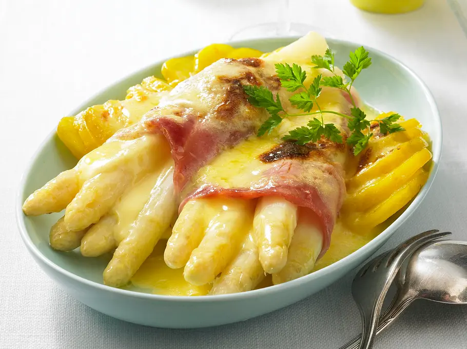 Spargel-Schinken-Gratin mit Hollandaise Rezept