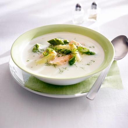 Spargelschaumsüppchen mit weißem und grünem Spargel, Lachsfilet und Dill Rezept