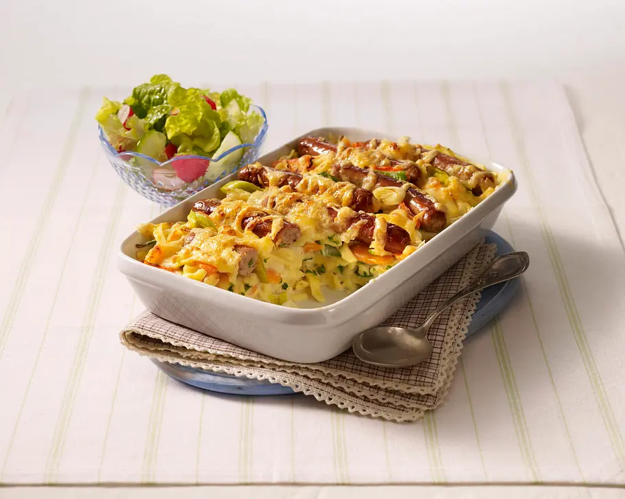 Spätzle-Auflauf mit Rostbratwürstchen Rezept