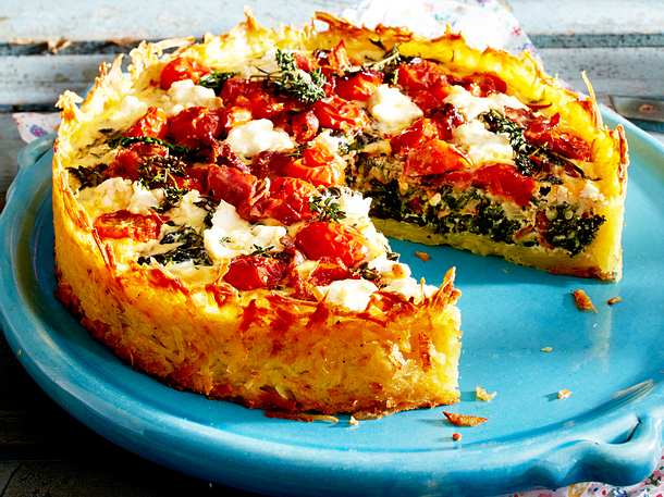 Spinat-Frischkäse-Quiche mit Röstiboden Rezept Spinat-Frischkäse-Quiche mit Röstiboden Rezept