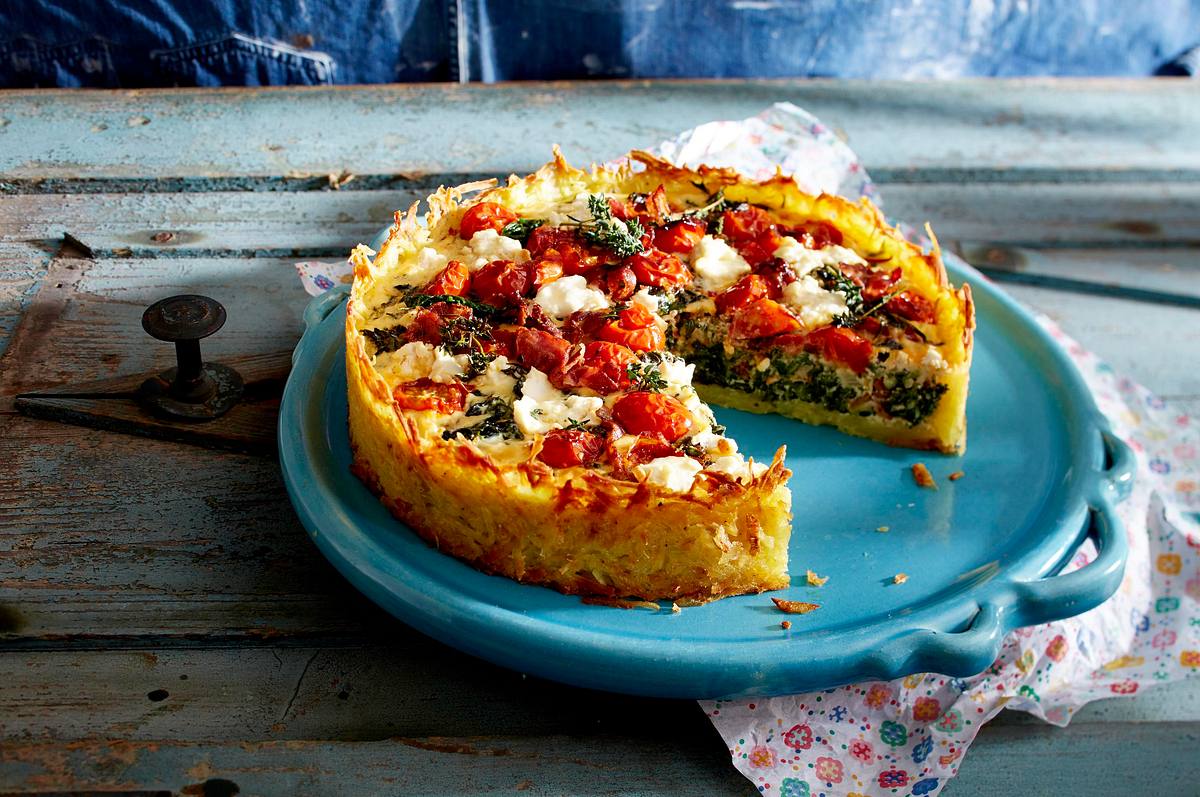 Spinat-Frischkäse-Quiche mit Röstiboden Rezept