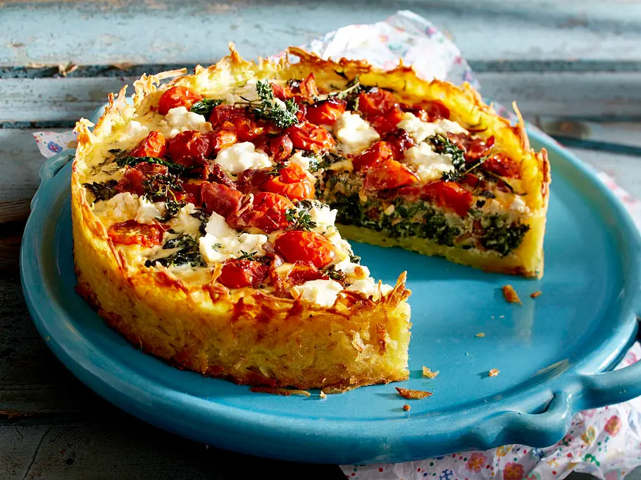 Spinat-Frischkäse-Quiche mit Röstiboden Rezept