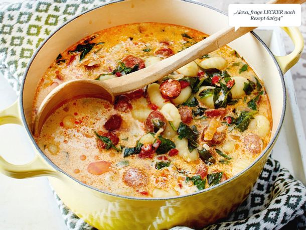 Spinat-Gnocchi-Eintopf mit Merguez Rezept Spinat-Gnocchi-Eintopf mit Merguez Rezept