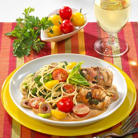 Spinat-Nudeln mit Knoblauch und Involtini Rezept