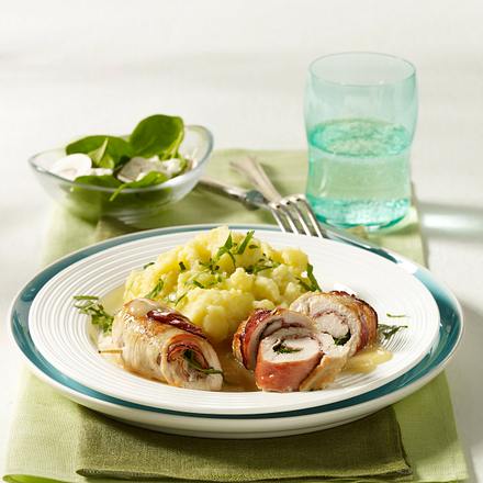 Spinat-Schnitzel-Röllchen mit Kartoffelpüree Rezept