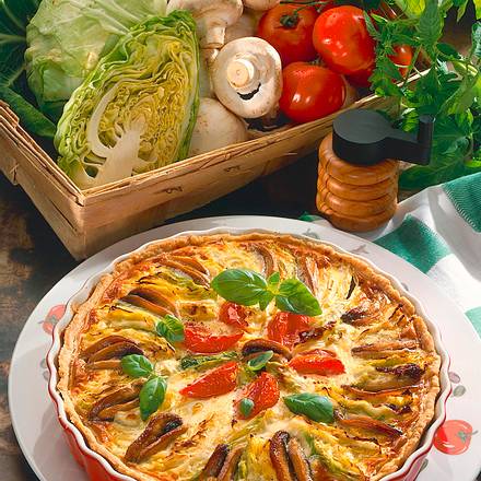 Spitzkohlquiche mit Champignons und Tomaten Rezept