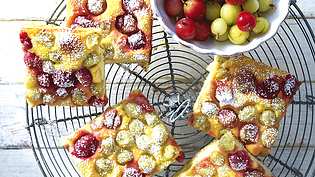 Fünf saftige Blechkuchenstücke mit frischen roten und grünen Stachelbeeren, großzügig mit Puderzucker bestäubt  auf einem  runden Kuchengitter. - Foto: LECKER @ Bauer Media Group