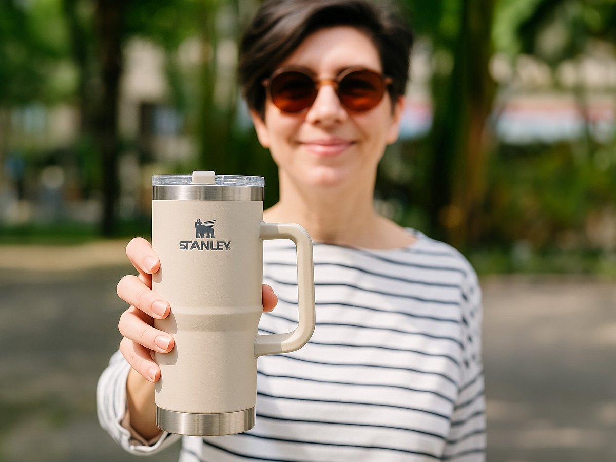 Lächelnde Frau mit Sonnenbrille hält beigen Stanley Cup in die Kamera.