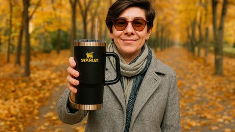 Eine Person mit Sonnenbrille und Schal hält einen Stanley Cup Becher in einer herbstlichen Allee in die Kamera. - Foto: LECKER.de/DALL-E 3