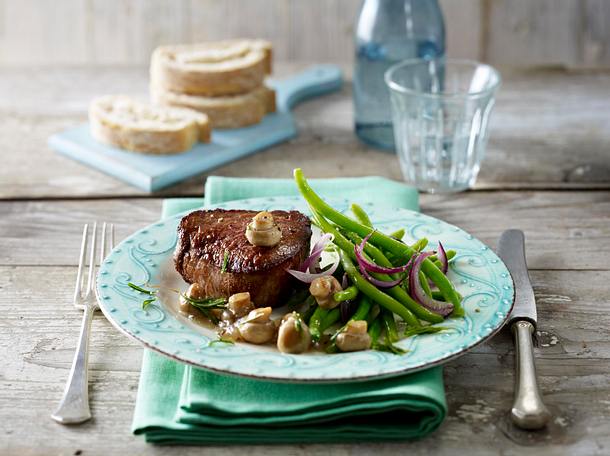 Steak mit Balsamicopilzen und Bohnen Rezept Steak mit Balsamicopilzen und Bohnen Rezept