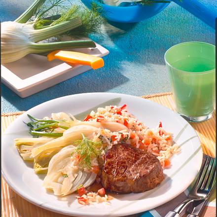 Steak zu Fenchel & Tomatenreis Rezept Steak zu Fenchel & Tomatenreis Rezept