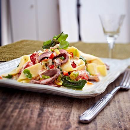 Steakstreifen zu Nudeln mit Robiolasoße Rezept Steakstreifen zu Nudeln mit Robiolasoße Rezept
