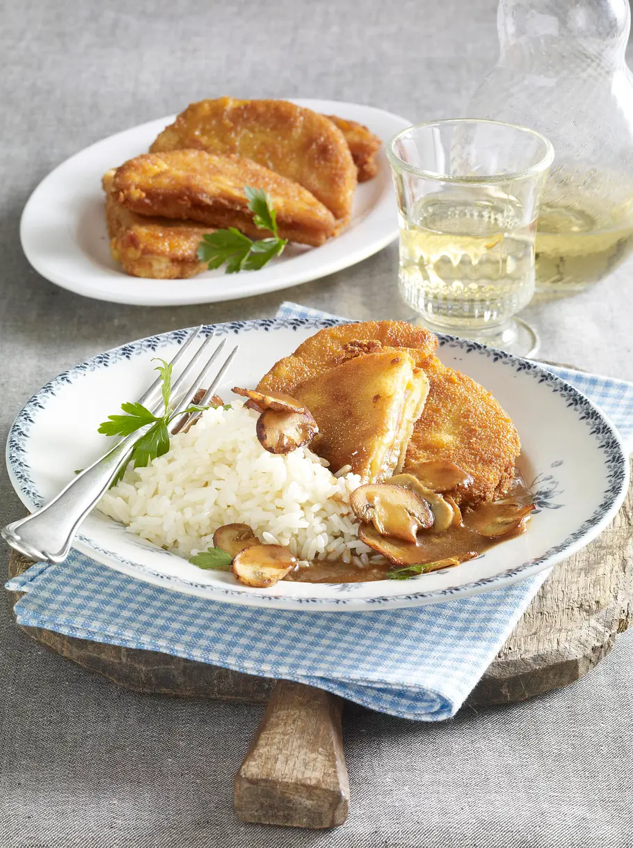 Steckrüben-Cordon Bleu mit Reis und Pilzen Rezept