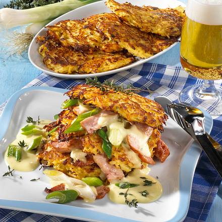 Steckrüben-Kartoffelpuffer mit Kasseler-Ragout Rezept Steckrüben-Kartoffelpuffer mit Kasseler-Ragout Rezept
