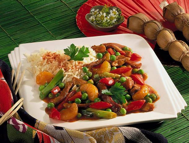 Süß-saures Schweinefleisch mit Reis Rezept