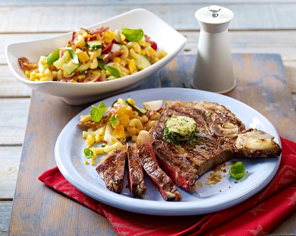 T-Bone-Steak mit amerikanischem Nudelsalat Rezept T-Bone-Steak mit amerikanischem Nudelsalat Rezept