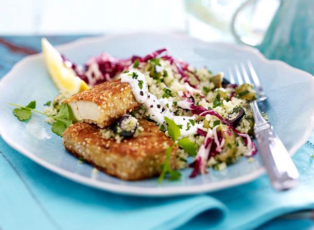 Tabouleh mit Tofuschnitzel und Radicchio-Salat Rezept Tabouleh mit Tofuschnitzel und Radicchio-Salat Rezept