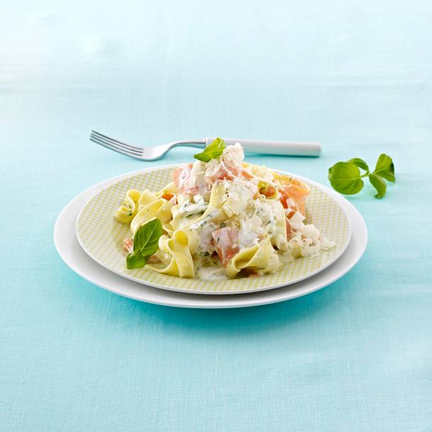 Tagliatelle mit Möhrenstreifen und Joghurt-Kräuter-Soße Rezept Tagliatelle mit Möhrenstreifen und Joghurt-Kräuter-Soße Rezept