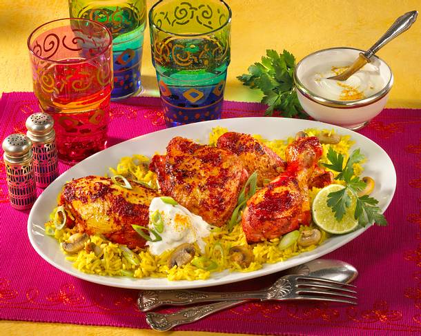 Tandoori-Hähnchen mit Curry Reis Rezept Tandoori-Hähnchen mit Curry Reis Rezept