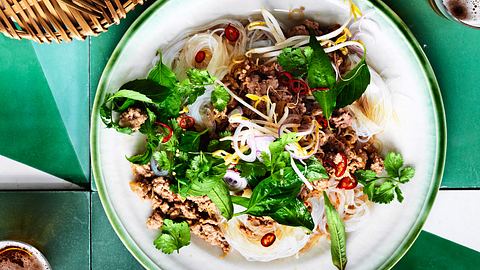 Thai-like-Reisnudeln mit Rinderhack, frischem Koriander und Chili auf einem weißen Teller mit grünem Rand - Foto: House of Food / Bauer Food Experts KG