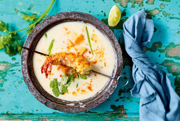 Thaigarnelenspieß zu Süßkartoffel-Kokossuppe Rezept Thaigarnelenspieß zu Süßkartoffel-Kokossuppe Rezept